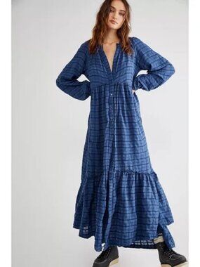 Free People Edie Blue Tiered Maxi Dress Button Front Sz M Cotton Blend Flowy  le